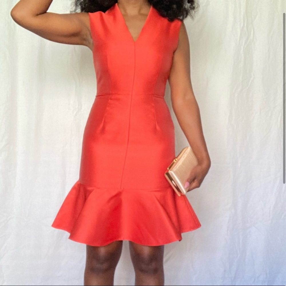 Red Carven Vneck Ruffle Hem Dress